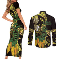 Yellow New Zealand Kowhai And Piwakawaka Couples Matching Short Sleeve Bodycon Dress and Long Sleeve Button Shirt Maori Ngaru Paua Shell