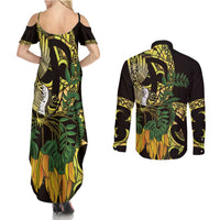Yellow New Zealand Kowhai And Piwakawaka Couples Matching Summer Maxi Dress and Long Sleeve Button Shirt Maori Ngaru Paua Shell