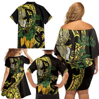 Yellow New Zealand Kowhai And Piwakawaka Family Matching Off Shoulder Short Dress and Hawaiian Shirt Maori Ngaru Paua Shell
