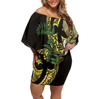 Yellow New Zealand Kowhai And Piwakawaka Family Matching Off Shoulder Short Dress and Hawaiian Shirt Maori Ngaru Paua Shell