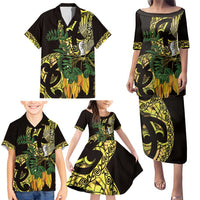 Yellow New Zealand Kowhai And Piwakawaka Family Matching Puletasi and Hawaiian Shirt Maori Ngaru Paua Shell