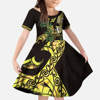 Yellow New Zealand Kowhai And Piwakawaka Family Matching Short Sleeve Bodycon Dress and Hawaiian Shirt Maori Ngaru Paua Shell