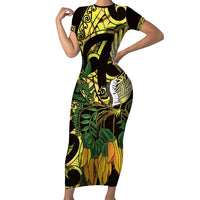 Yellow New Zealand Kowhai And Piwakawaka Family Matching Short Sleeve Bodycon Dress and Hawaiian Shirt Maori Ngaru Paua Shell