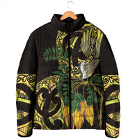 Yellow New Zealand Kowhai And Piwakawaka Padded Jacket Maori Ngaru Paua Shell - Polynesian Pride