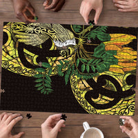 Yellow New Zealand Kowhai And Piwakawaka Puzzle Maori Ngaru Paua Shell - Polynesian Pride