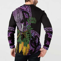 Purple New Zealand Kowhai And Piwakawaka Button Sweatshirt Maori Ngaru Paua Shell