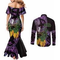 Purple New Zealand Kowhai And Piwakawaka Couples Matching Mermaid Dress and Long Sleeve Button Shirt Maori Ngaru Paua Shell