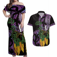 Purple New Zealand Kowhai And Piwakawaka Couples Matching Off Shoulder Maxi Dress and Hawaiian Shirt Maori Ngaru Paua Shell