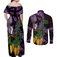 Purple New Zealand Kowhai And Piwakawaka Couples Matching Off Shoulder Maxi Dress and Long Sleeve Button Shirt Maori Ngaru Paua Shell