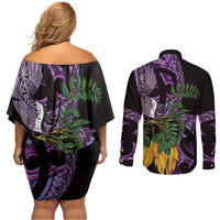 Purple New Zealand Kowhai And Piwakawaka Couples Matching Off Shoulder Short Dress and Long Sleeve Button Shirt Maori Ngaru Paua Shell