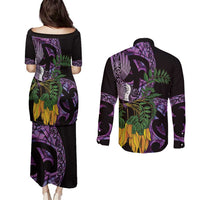 Purple New Zealand Kowhai And Piwakawaka Couples Matching Puletasi and Long Sleeve Button Shirt Maori Ngaru Paua Shell
