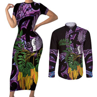 Purple New Zealand Kowhai And Piwakawaka Couples Matching Short Sleeve Bodycon Dress and Long Sleeve Button Shirt Maori Ngaru Paua Shell