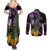 Purple New Zealand Kowhai And Piwakawaka Couples Matching Summer Maxi Dress and Long Sleeve Button Shirt Maori Ngaru Paua Shell