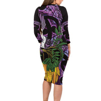 Purple New Zealand Kowhai And Piwakawaka Family Matching Long Sleeve Bodycon Dress and Hawaiian Shirt Maori Ngaru Paua Shell