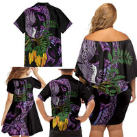 Purple New Zealand Kowhai And Piwakawaka Family Matching Off Shoulder Short Dress and Hawaiian Shirt Maori Ngaru Paua Shell