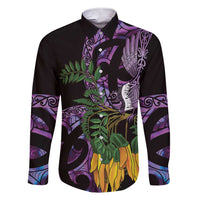 Purple New Zealand Kowhai And Piwakawaka Family Matching Short Sleeve Bodycon Dress and Hawaiian Shirt Maori Ngaru Paua Shell