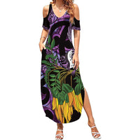 Purple New Zealand Kowhai And Piwakawaka Family Matching Summer Maxi Dress and Hawaiian Shirt Maori Ngaru Paua Shell
