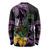 Purple New Zealand Kowhai And Piwakawaka Long Sleeve Shirt Maori Ngaru Paua Shell