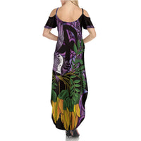 Purple New Zealand Kowhai And Piwakawaka Summer Maxi Dress Maori Ngaru Paua Shell LT14 - Polynesian Pride