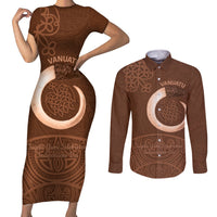 Vanuatu Indipendens Dei Couples Matching Short Sleeve Bodycon Dress and Long Sleeve Button Shirt Yumi Sand Drawing Turtle Mix Lapita LT14 Brown - Polynesian Pride
