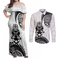 Custom Aotearoa Football Couples Matching Off Shoulder Maxi Dress and Long Sleeve Button Shirt NZ Maori Tiki Go Champions LT14 White - Polynesian Pride