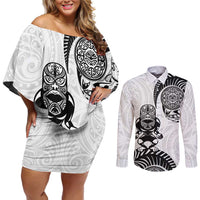 Custom Aotearoa Football Couples Matching Off Shoulder Short Dress and Long Sleeve Button Shirt NZ Maori Tiki Go Champions LT14 White - Polynesian Pride