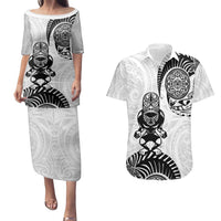 Custom Aotearoa Football Couples Matching Puletasi and Hawaiian Shirt NZ Maori Tiki Go Champions LT14 White - Polynesian Pride