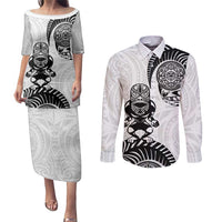 Custom Aotearoa Football Couples Matching Puletasi and Long Sleeve Button Shirt NZ Maori Tiki Go Champions LT14 White - Polynesian Pride