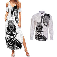 Custom Aotearoa Football Couples Matching Summer Maxi Dress and Long Sleeve Button Shirt NZ Maori Tiki Go Champions LT14 White - Polynesian Pride