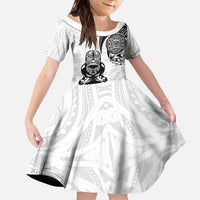 Custom Aotearoa Football Family Matching Off The Shoulder Long Sleeve Dress and Hawaiian Shirt NZ Maori Tiki Go Champions LT14 Daughter's Dress White - Polynesian Pride