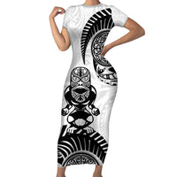 Custom Aotearoa Football Family Matching Short Sleeve Bodycon Dress and Hawaiian Shirt NZ Maori Tiki Go Champions LT14 Mom's Dress White - Polynesian Pride