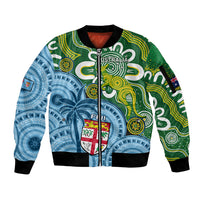 Personalised Australia And Fiji Sleeve Zip Bomber Jacket Aboriginal Mix Fijian Tapa Unique Style LT14 Unisex Green - Polynesian Pride