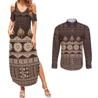 Bula Fiji Iri ni Meke Couples Matching Summer Maxi Dress and Long Sleeve Button Shirt Kuvui Fijian Masi - Polynesian Pride