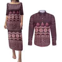Bula Fiji Iri ni Meke Couples Matching Puletasi and Long Sleeve Button Shirt Piqi Fijian Masi LT14 Pink - Polynesian Pride