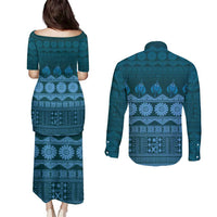 Bula Fiji Iri ni Meke Couples Matching Puletasi and Long Sleeve Button Shirt Karakarawa Fijian Masi - Polynesian Pride