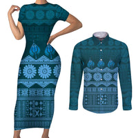 Bula Fiji Iri ni Meke Couples Matching Short Sleeve Bodycon Dress and Long Sleeve Button Shirt Karakarawa Fijian Masi - Polynesian Pride