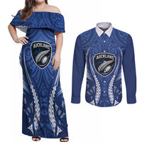 Auckland 2026 Rugby Custom Couples Matching Off Shoulder Maxi Dress and Long Sleeve Button Shirt NZ Maori Silver Fern LT14 Blue - Polynesian Pride