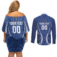 Auckland 2026 Rugby Custom Couples Matching Off Shoulder Short Dress and Long Sleeve Button Shirt NZ Maori Silver Fern LT14 - Polynesian Pride