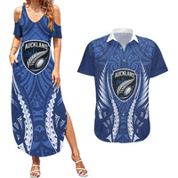 Auckland 2026 Rugby Custom Couples Matching Summer Maxi Dress and Hawaiian Shirt NZ Maori Silver Fern LT14 Blue - Polynesian Pride