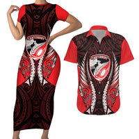 Canterbury 2026 Rugby Custom Couples Matching Short Sleeve Bodycon Dress and Hawaiian Shirt NZ Maori Silver Fern LT14 Red - Polynesian Pride