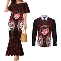 Counties Manukau 2026 Rugby Custom Couples Matching Mermaid Dress and Long Sleeve Button Shirt NZ Maori Silver Fern LT14 Red - Polynesian Pride