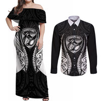 Hawke's Bay 2026 Rugby Custom Couples Matching Off Shoulder Maxi Dress and Long Sleeve Button Shirt NZ Maori Silver Fern LT14 Black - Polynesian Pride