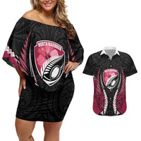 North Harbour 2026 Rugby Custom Couples Matching Off Shoulder Short Dress and Hawaiian Shirt NZ Maori Silver Fern LT14 Maroon - Polynesian Pride