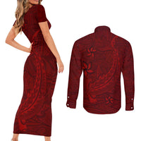 Oxblood Polynesia Couples Matching Short Sleeve Bodycon Dress and Long Sleeve Button Shirt Hawaiian Tribal Hammerhead Shark Tattoo LT14