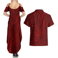 Oxblood Polynesia Couples Matching Summer Maxi Dress and Hawaiian Shirt Hawaiian Tribal Hammerhead Shark Tattoo