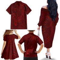 Oxblood Polynesia Family Matching Off The Shoulder Long Sleeve Dress and Hawaiian Shirt Hawaiian Tribal Hammerhead Shark Tattoo