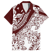 Polynesian Tropical Flowers Oxblood Color Family Matching Long Sleeve Bodycon Dress and Hawaiian Shirt