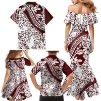 Polynesian Tropical Flowers Oxblood Color Family Matching Mermaid Dress and Hawaiian Shirt