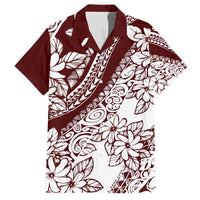 Polynesian Tropical Flowers Oxblood Color Family Matching Off Shoulder Short Dress and Hawaiian Shirt