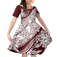 Polynesian Tropical Flowers Oxblood Color Family Matching Short Sleeve Bodycon Dress and Hawaiian Shirt